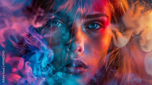 This image features a mesmerizing blend of smoke with various hues and gradients, creating a captivating and abstract representation of movement and color. photo