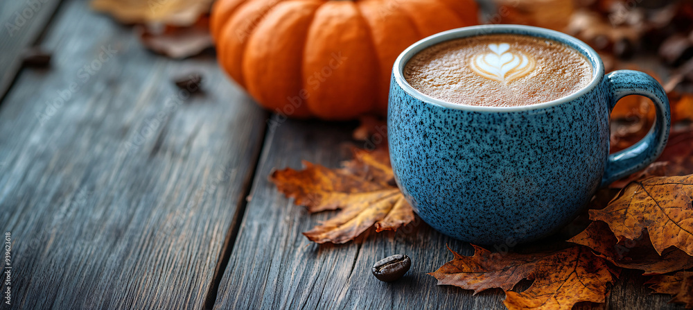 Mug of coffee and autumn leaves with orange pumpkin on wooden table, autumn drink concept Mug of coffee and autumn leaves with orange pumpkin on wooden table, autumn drink concept