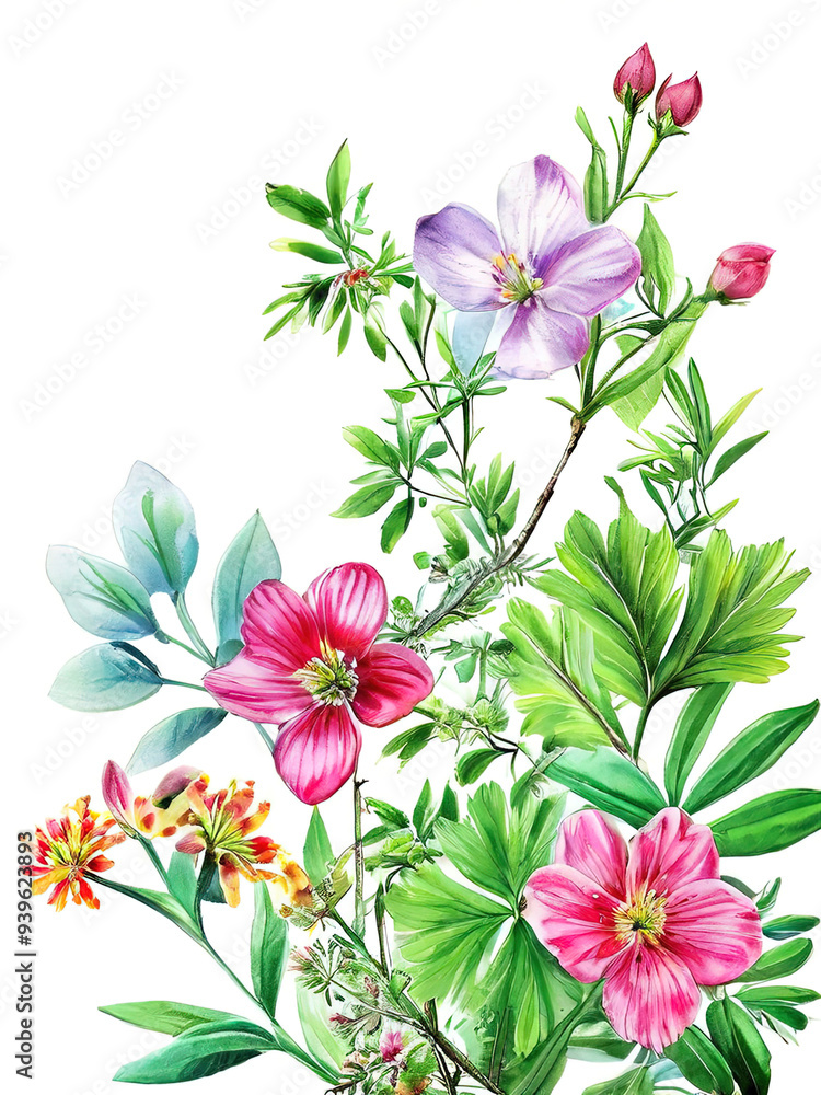 Fototapeta premium Watercolor illustration of pink and purple flowers with green leaves.