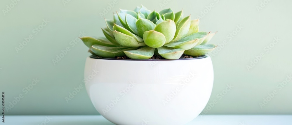 A Green Succulent in a White Pot on a Light Green Background A Green Succulent in a White Pot on a Light Green Background