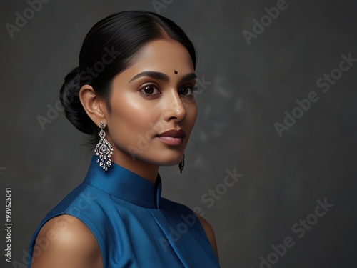 Elegant Portrait of a Woman in Blue with Exquisite Earrings photo