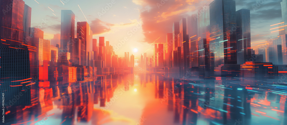 Obraz premium Skyscrapers of a smart city at sunset, graphic perspective of buildings and reflections, futuristic financial district.