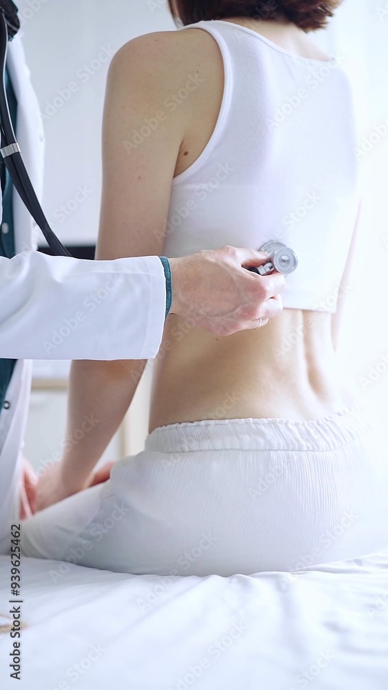 Fototapeta premium Doctor and patient. Physician is using stethoscope examining woman lungs from the back side. Medicine and health care