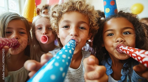 Diverse group of children celebrating birthday party indoors with joyful expressions and colorful party hats.