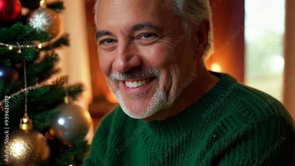 Middle-aged white man smiling in green Christmas sweater by tree and fireplace Middle-aged white man smiling in green Christmas sweater by tree and fireplace