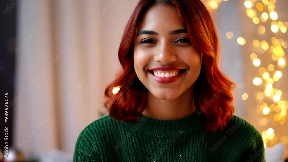 Young Black woman with red hair smiling in green Christmas sweater by festive tree Young Black woman with red hair smiling in green Christmas sweater by festive tree