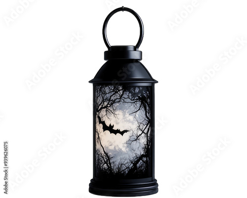 A spooky lantern casting shadows with a silhouette of a bat against a moonlit sky, perfect for Halloween themes.