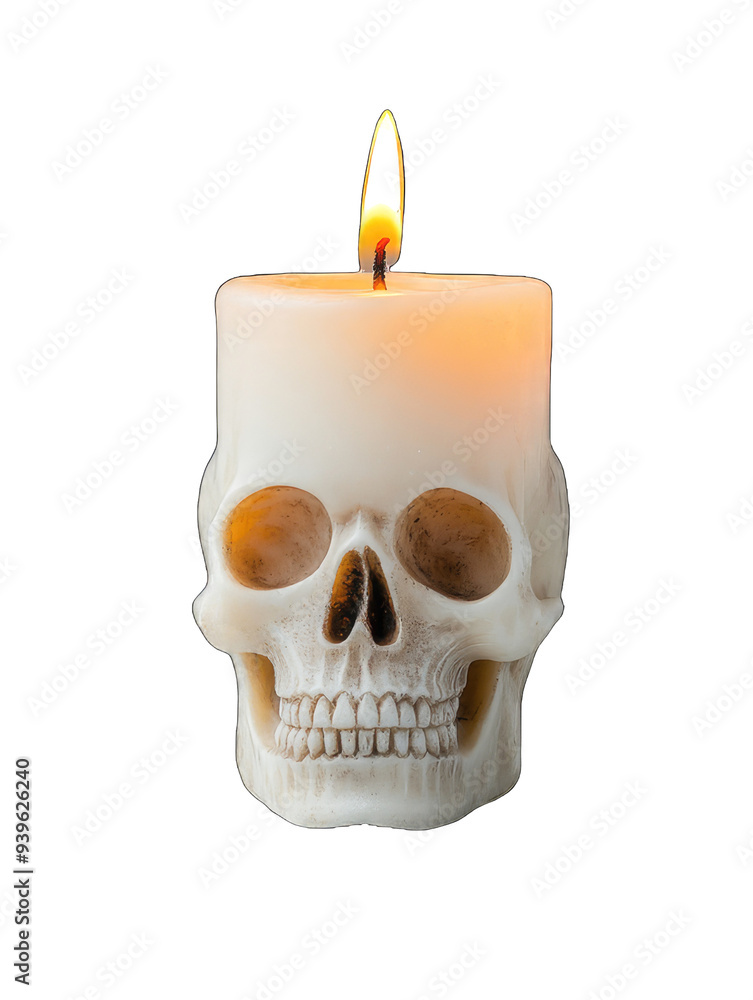 A unique skull-shaped candle burning brightly, perfect for Halloween, parties, or adding a spooky touch to any decor. A unique skull-shaped candle burning brightly, perfect for Halloween, parties, or adding a spooky touch to any decor.