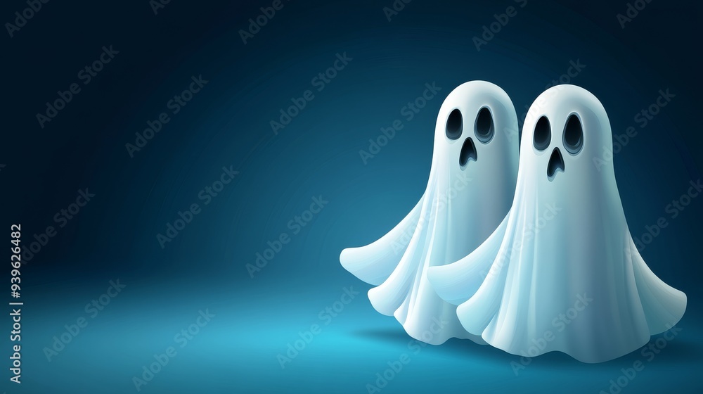 Two cartoon ghosts with expressive faces against a gradient blue background, evoking a playful, spooky theme. Two cartoon ghosts with expressive faces against a gradient blue background, evoking a playful, spooky theme.