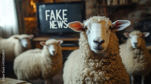 Wallpaper Mural Sheep indoors with "fake news" on tv, concept of media influence and information consumption Torontodigital.ca