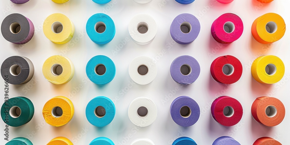 Colorful patterns of toilet paper rolls displayed on a white background in an artistic arrangement Colorful patterns of toilet paper rolls displayed on a white background in an artistic arrangement