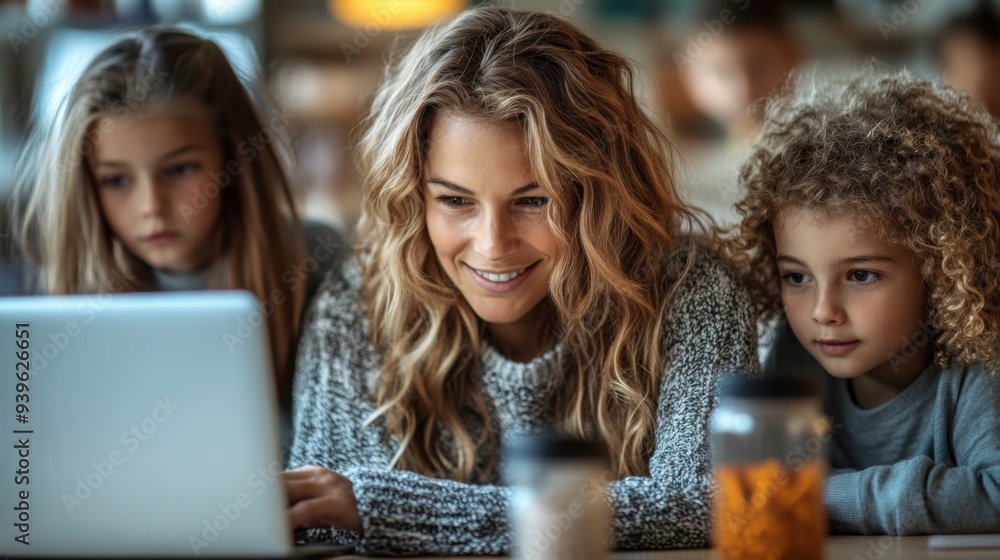 Smiling woman with two children enjoying indoor family time using laptop in cozy setting Smiling woman with two children enjoying indoor family time using laptop in cozy setting