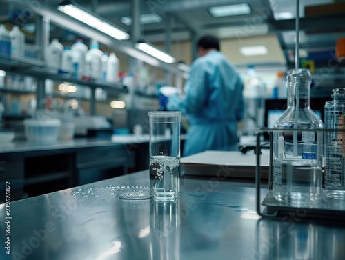 A clear glass beaker sits on a stainless steel table in a laboratory. AI.