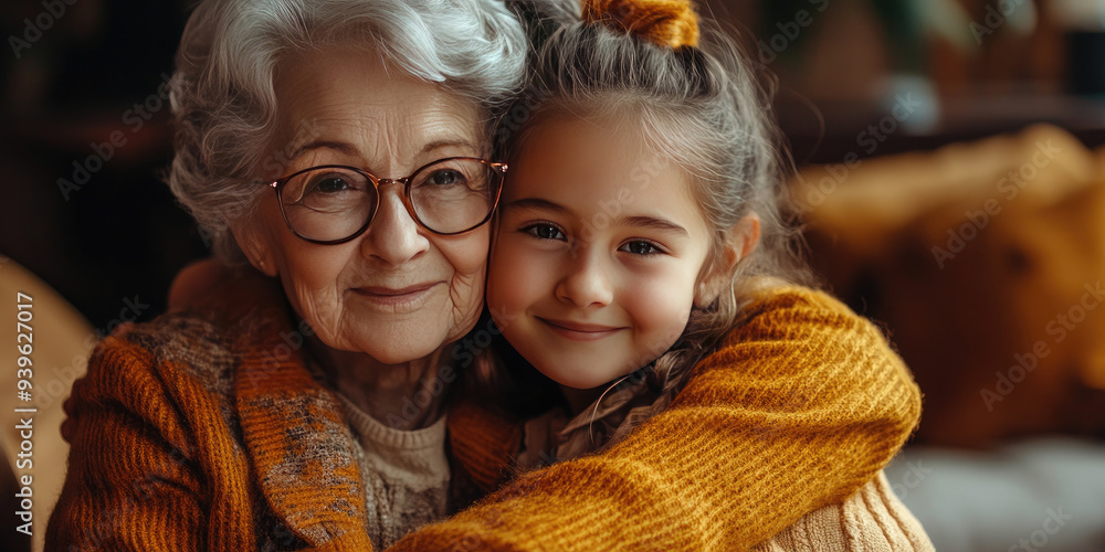 Cozy family moment: girl and grandmother in warm embrace, radiating love and happiness. Perfect for holidays and special occasions. National Grandparents Day Cozy family moment: girl and grandmother in warm embrace, radiating love and happiness. Perfect for holidays and special occasions. National Grandparents Day
