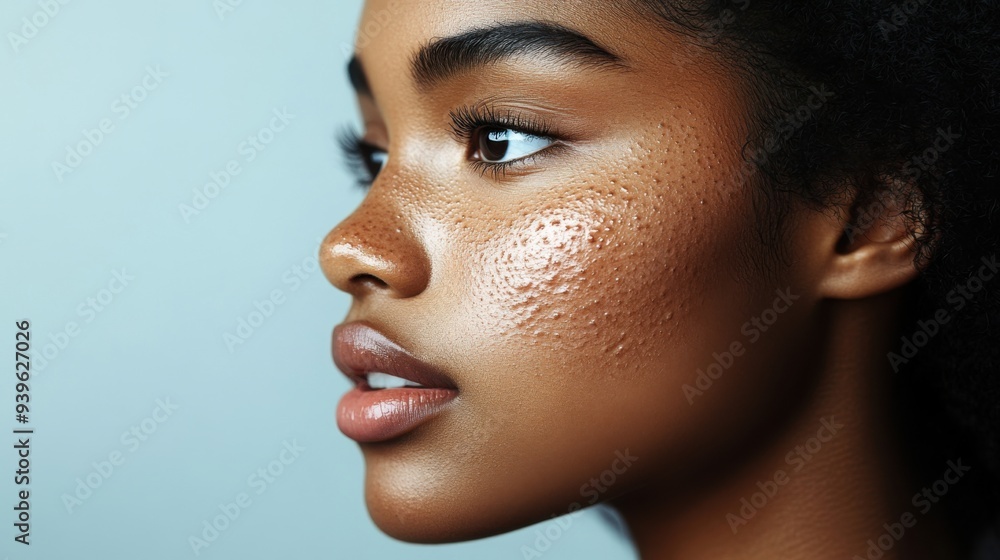 Young black woman with glowing skin and textured cheek in soft lighting indoors Young black woman with glowing skin and textured cheek in soft lighting indoors
