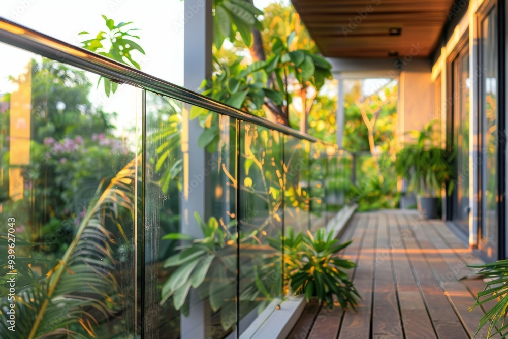 Balcony view with exotic wood grooved decking and glass railing Balcony view with exotic wood grooved decking and glass railing