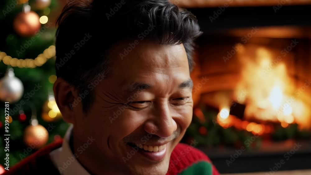 Middle-aged Asian man smiling in red Christmas sweater by festive fireplace Middle-aged Asian man smiling in red Christmas sweater by festive fireplace