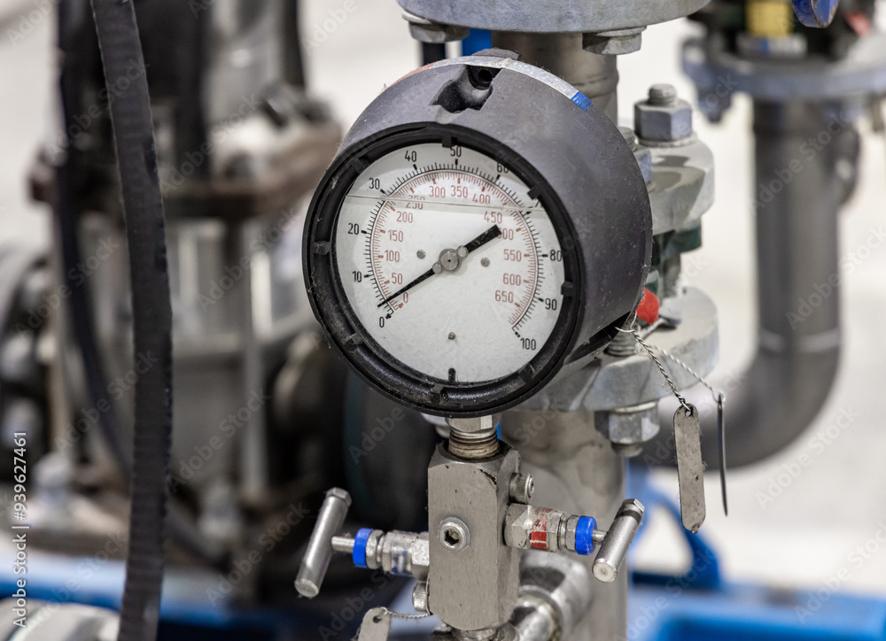 A pressure gauge with psi and kpa scales connected to industrial piping A pressure gauge with psi and kpa scales connected to industrial piping