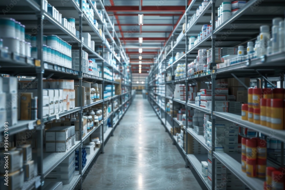 Pharmaceutical warehouse with organized shelves and neatly arranged medication Pharmaceutical warehouse with organized shelves and neatly arranged medication