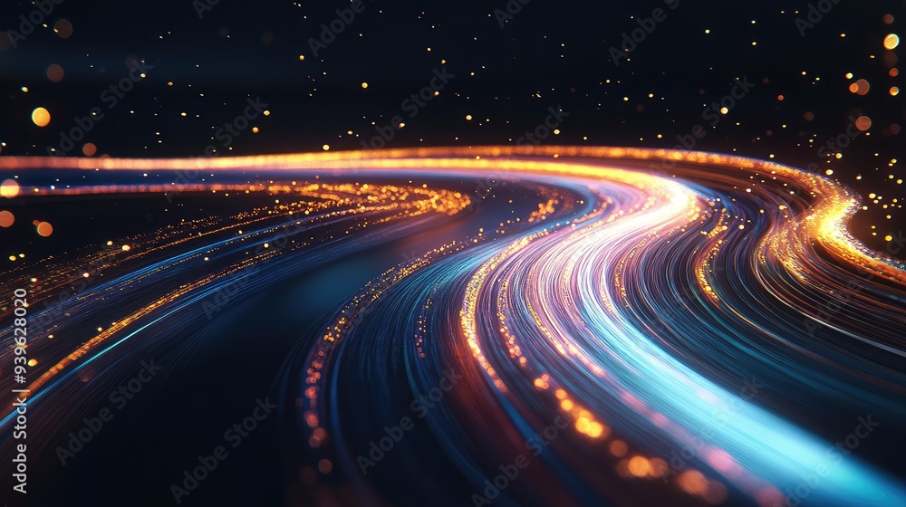 Abstract light trails forming a curved, glowing road against a dark backdrop, suggesting a journey or path. Abstract light trails forming a curved, glowing road against a dark backdrop, suggesting a journey or path.