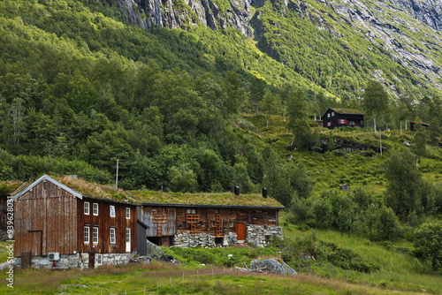 Wallpaper Mural Old wooden cottage with green roof in Innerdalen valley, Norway, Europe
 Torontodigital.ca