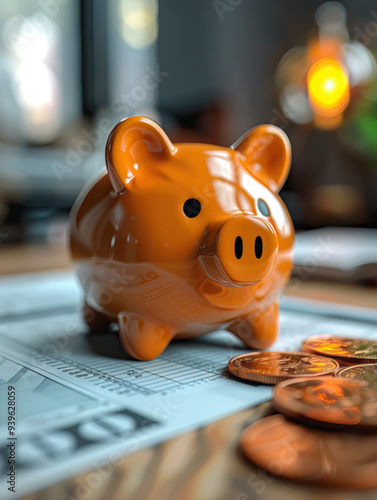 Piggy bank on the table. Budget and financial planning, executive CFO, income and expenses forecast