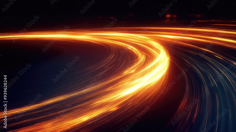 Abstract light trails creating a winding path on a dark background, resembling a glowing, curved road in motion. Abstract light trails creating a winding path on a dark background, resembling a glowing, curved road in motion.