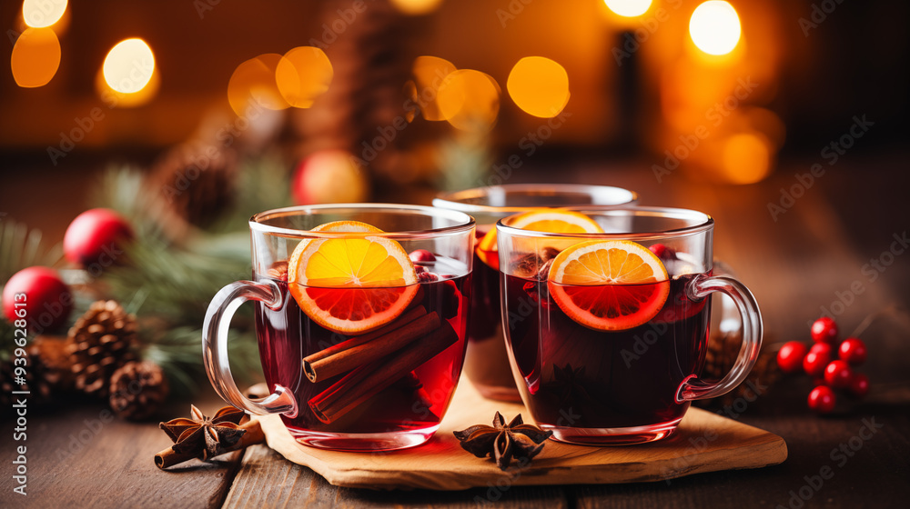 Mulled Wine with Cinnamon and Orange Slice on Rustic Wooden Table Mulled Wine with Cinnamon and Orange Slice on Rustic Wooden Table