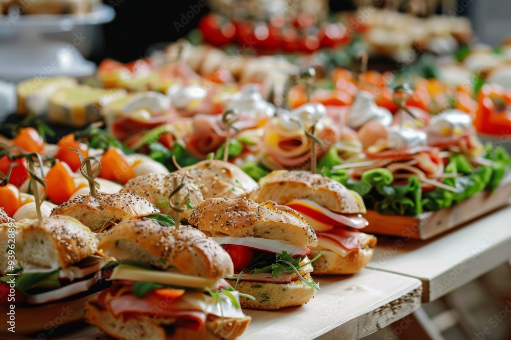 Fototapeta premium Elegant catering buffet table with delicious sandwiches canapes and appetizers for celebration event