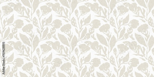 Seamless french gender neutral floral linen printed fabric border background. Light mottled white on grey cottage core block print pattern. Shabby chic woven duotone cloth effect. 