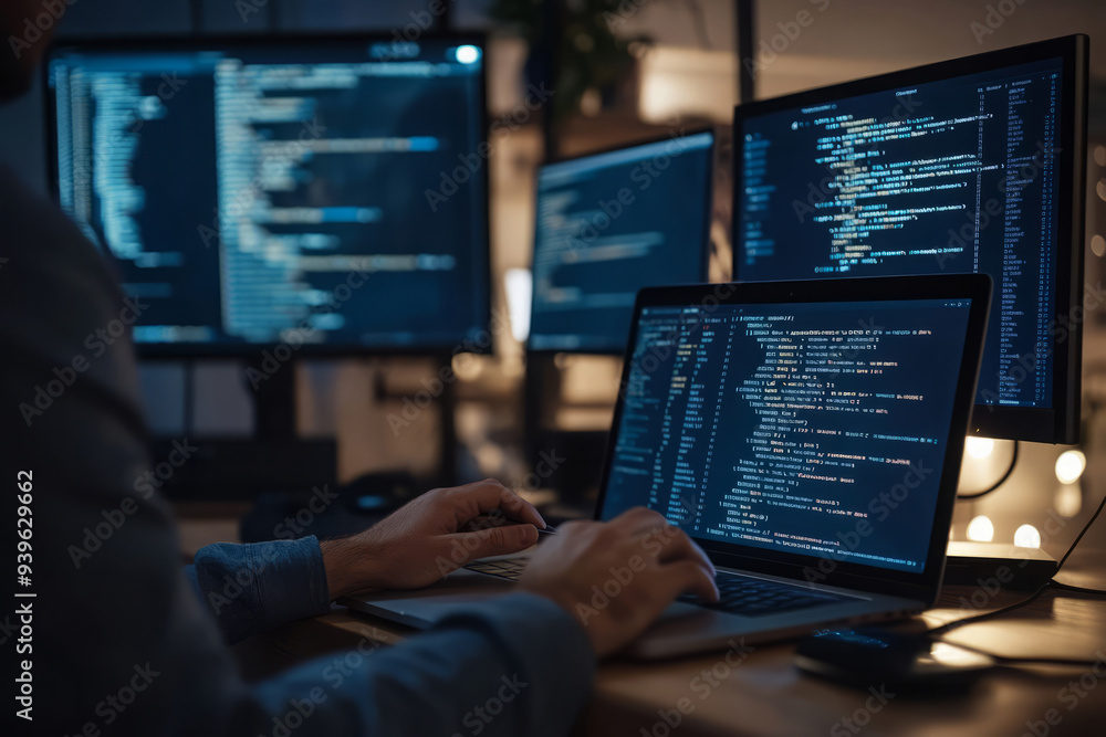 Monitor with program code and hands of man typing on keyboard in night office. Programmer working on software development project late at night