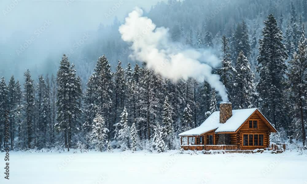 a cabin in the middle of a snowy forest a cabin in the middle of a snowy forest