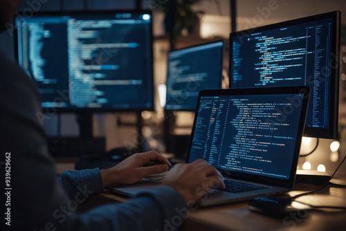 Obraz na płótnie Monitor with program code and hands of man typing on keyboard in night office. Programmer working on software development project late at night w salonie