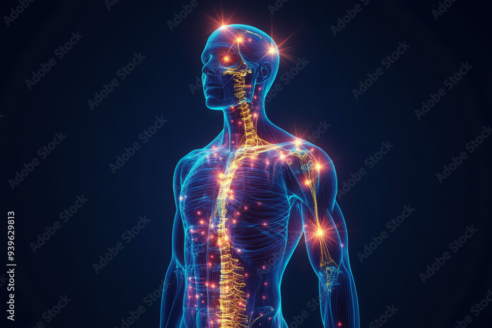 Human body with glowing pain points. Silhouette of person with sore back with illuminated vertebrae, concept of back pain Human body with glowing pain points. Silhouette of person with sore back with illuminated vertebrae, concept of back pain