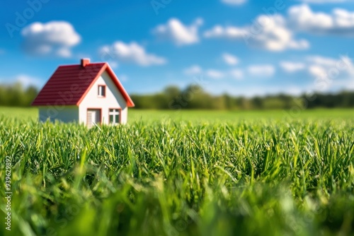 Small house model on lush green grass under a bright blue sky