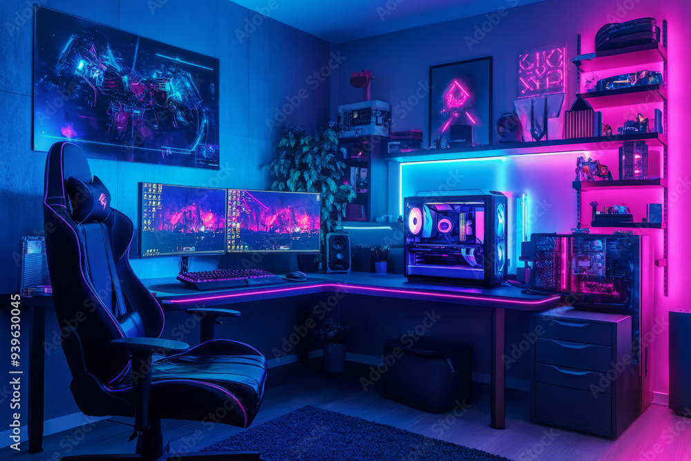 Interior of gaming room with modern computer and neon lighting. Playing cyber games and online entertainment concept.
