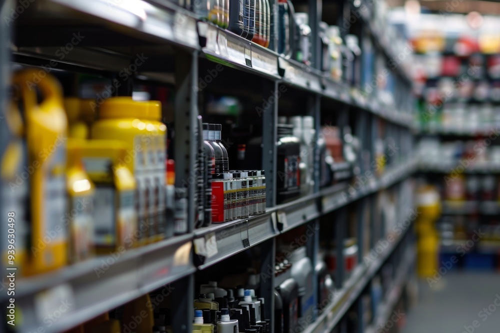 Close up of shelves in an auto parts store displaying a variety of items under natural light Close up of shelves in an auto parts store displaying a variety of items under natural light