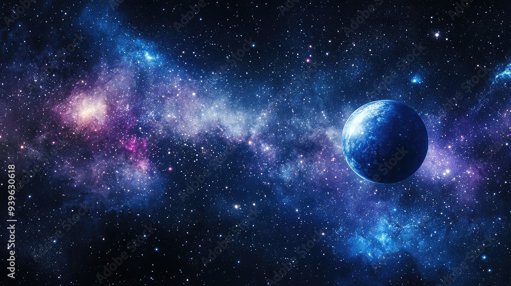 A wide shot of Neptune in the galaxy, with distant stars and nebulae adding depth to the vastness of space. A wide shot of Neptune in the galaxy, with distant stars and nebulae adding depth to the vastness of space.