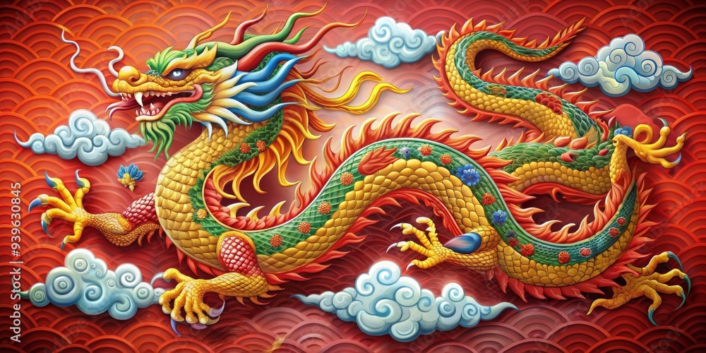 A Painted Dragon Ascending Amidst Swirling Clouds, Digital Art, Chinese Mythology, Dragon, Clouds, Red, Gold A Painted Dragon Ascending Amidst Swirling Clouds, Digital Art, Chinese Mythology, Dragon, Clouds, Red, Gold