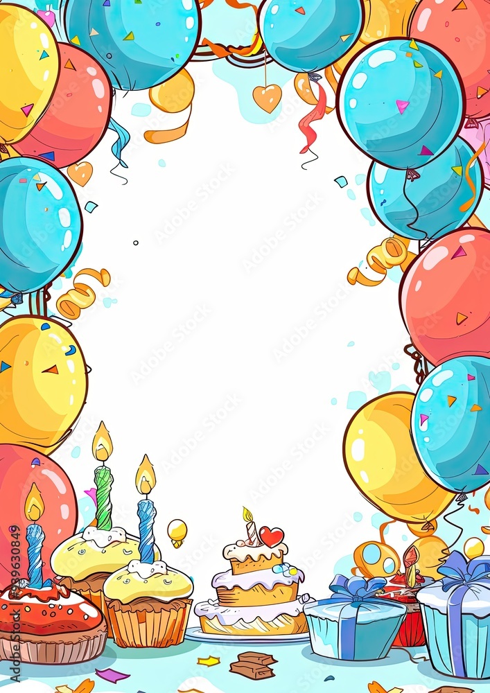 Obraz premium greeting card birthday party theme frame, translucent center, cartoon