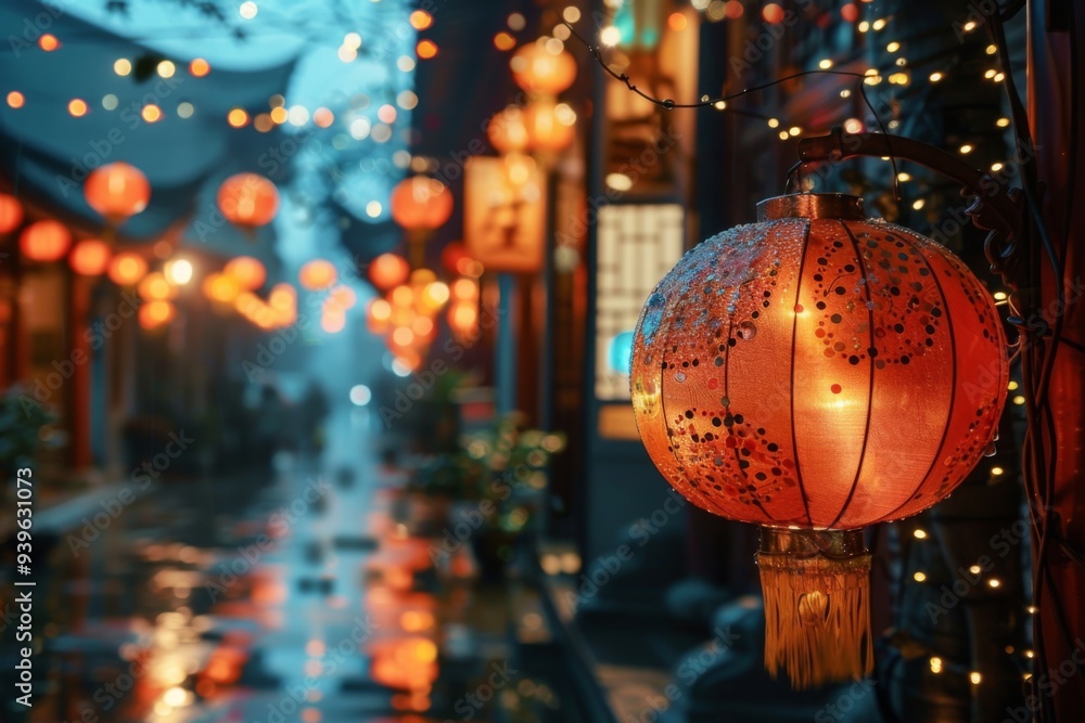 Enchanting mid autumn festival in china lantern lit on city street at night Enchanting mid autumn festival in china lantern lit on city street at night