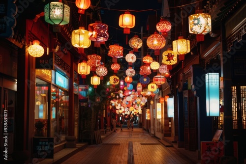 Enchanting mid autumn festival in china lantern lit on city street at night photo