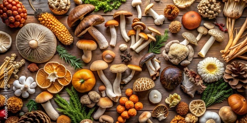 A Still Life of Mushrooms with Autumnal Accents, Flat Lay, Still Life , Mushroom , Autumn , Forest