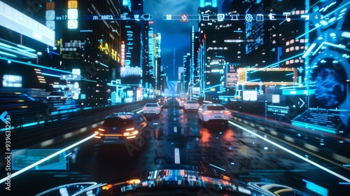 FPV driving screen with bounding boxes over cars and pedestrians, featuring futuristic digital and polygon on-screen display in ultra-realistic 4K resolution. photo