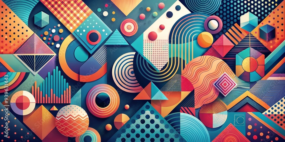Naklejka premium Abstract Geometric Composition with Vibrant Colors and Patterns, abstract art, geometric shapes, colorful design, geometric patterns