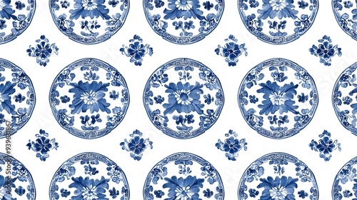 Blue and White Porcelain Pattern: A delicate and timeless design featuring a repeating pattern of blue and white porcelain plates with intricate floral motifs. This seamless pattern is perfect for a v