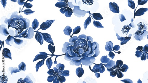 Blue Blooms Rhapsody: A captivating watercolor floral pattern, featuring elegant blue roses and delicate leaves on a pristine white background. 