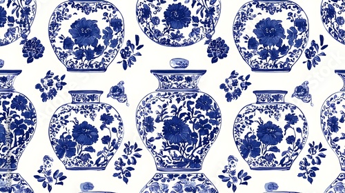 Blue and White Porcelain Vases Seamless Pattern  