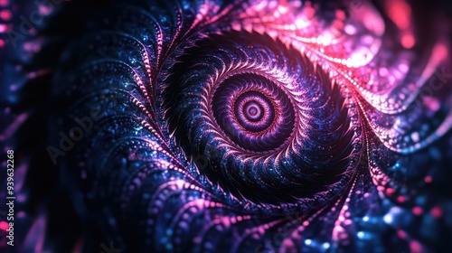 A stunning spiral fractal web in neon colors, with intricate patterns and a deep, dark backdrop enhancing its glow.