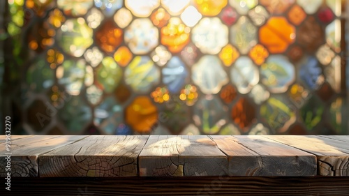 Empty wooden table top with blurred background of stained glass mosaic window. A place for product placement. Generated AI